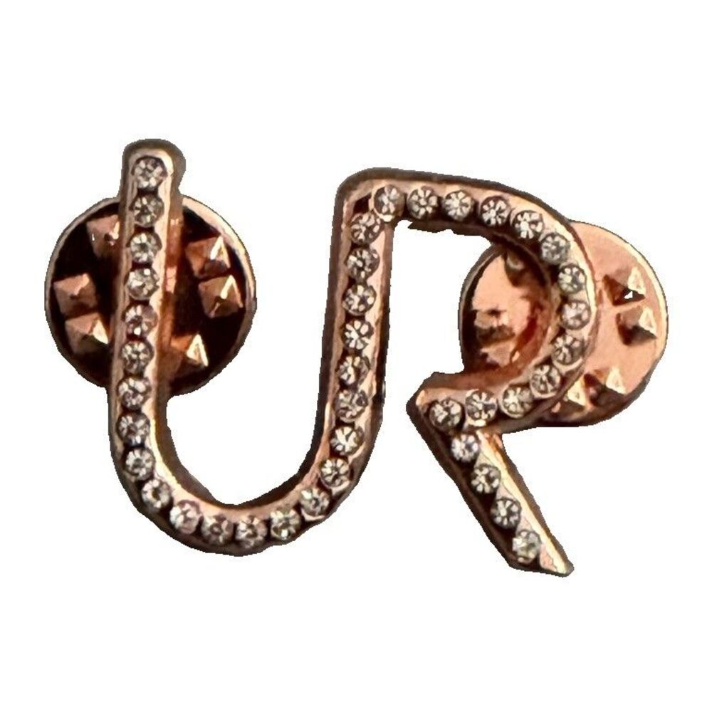 Rose Gold Tone Rhinestone Monogram Pin UR Initial Cursive Script Lapel Brooch